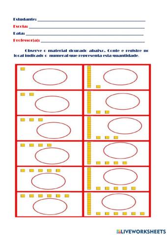 Quantificar números com material dourado.