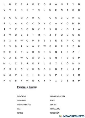 Sopa de letras: Espejos y lentes.