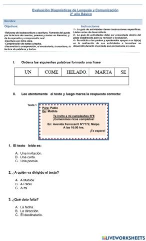 Evaluación diagnóstica lenguaje y comunicación