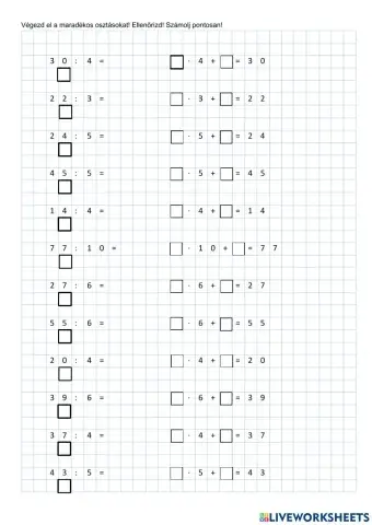 Maradékos osztás (2-es, 3-as, 4-es, 5-ös, 6-os, 10-es)