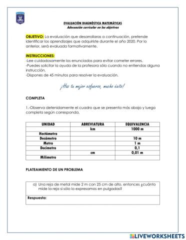 Evaluación diagnóstica medidas de longitud