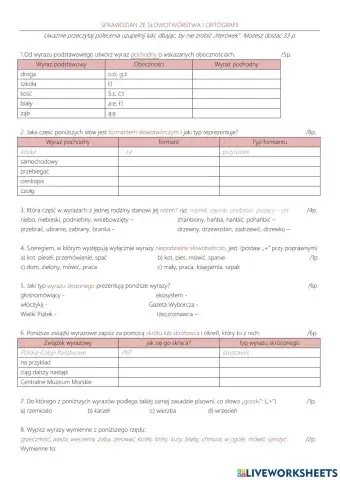 Słowotwórstwo - sprawdzian