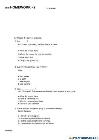 8th Grade Unit 6 Tourism Çalışma Soruları 2