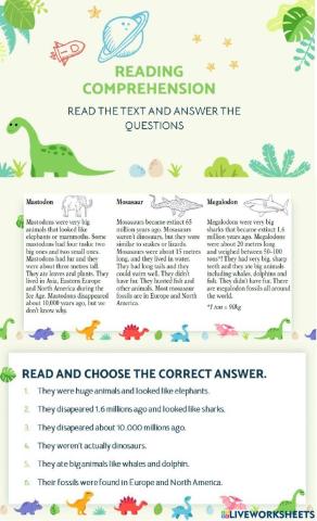 Dinosaurs reading comprehension