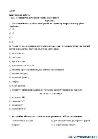 Контрольна робота Неорганічні речовини та їхні властивості Варіант 2