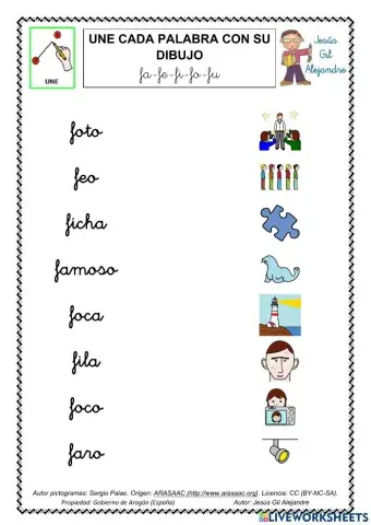 Une palabra y dibujo fa fe fi fo fu minúsculas