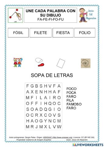 Lee y y une. Sopa de letras, palabras con F