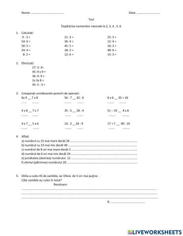 Test impărtirea la 2,3, 4, 5, 6