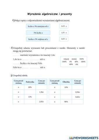 Wyrażenia algebraiczne i procenty