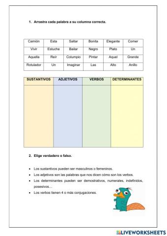 Sustantivos, verbos, adjetivos y determinantes