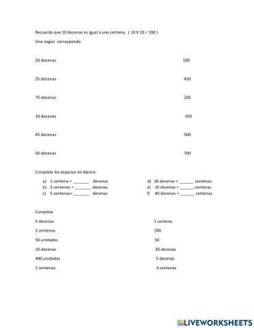 Equivalencias centenas a decenas...