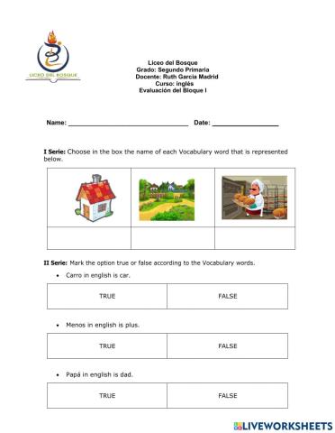 Exámen de inglés segundo primaria