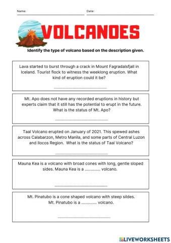 Volcano Worksheet