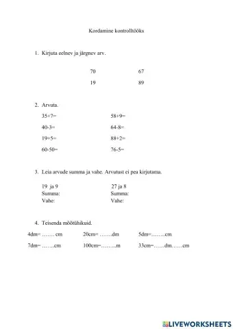 Kordamine kontrolltööks. Liitmine ja lahutamine 100 piires. Pikkusühikud.