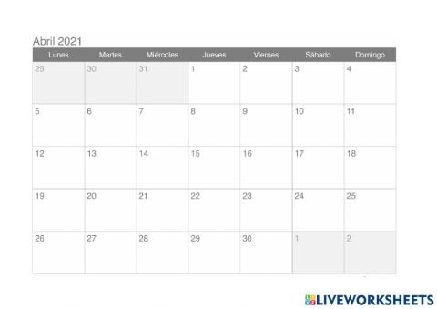 Calendario abril 2021