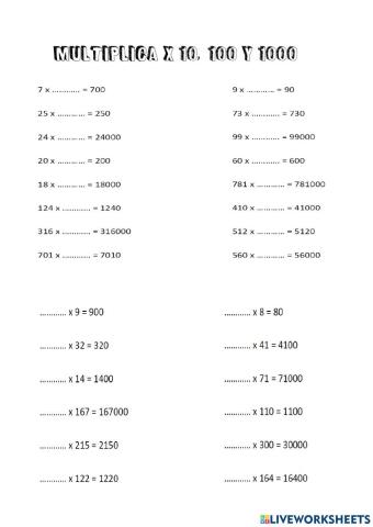 Multiplica x10,100 y 1000