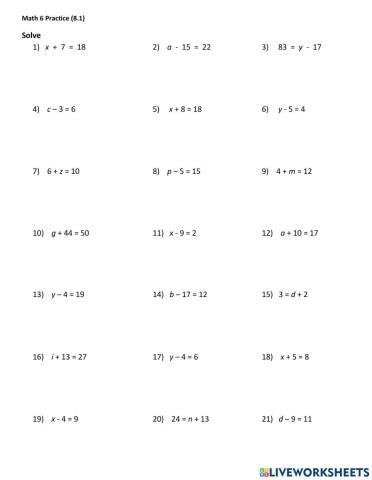 One Ste Equations Addition and Subtraction