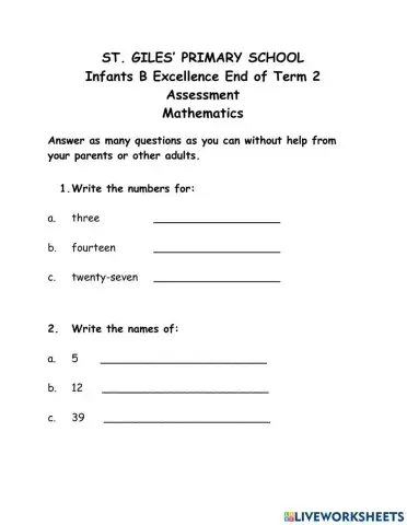 Mathematics End of Term 2 Assessment