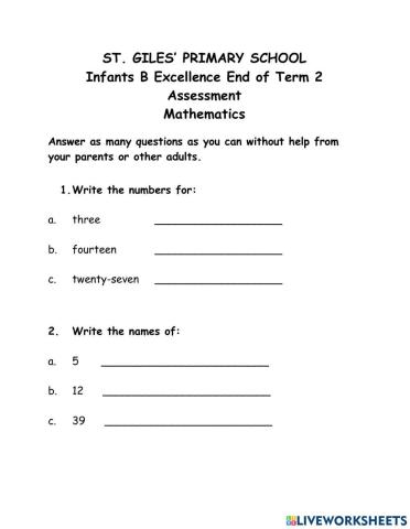 Mathematics End of Term 2 Assessment