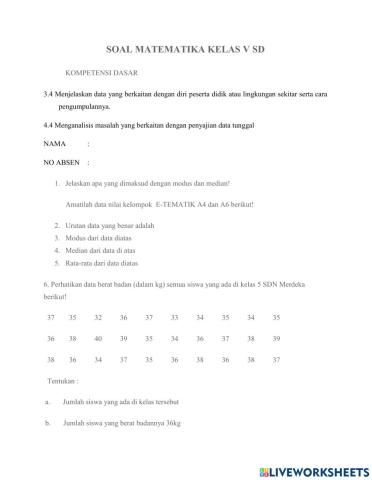 Soal Matematika Kelas V KD 3.7 dan 4.7