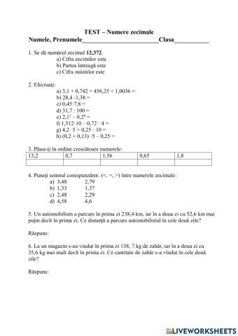 Test numere zecimale cl V-a II