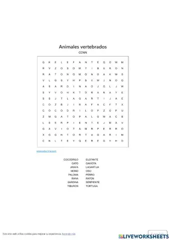 Sopa de letras de animales vertebrados