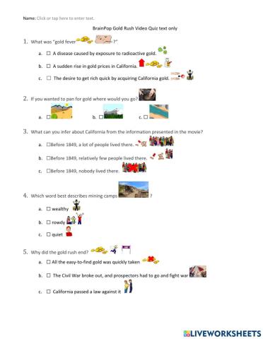 BrainPop Gold Rush Quiz w visual supports