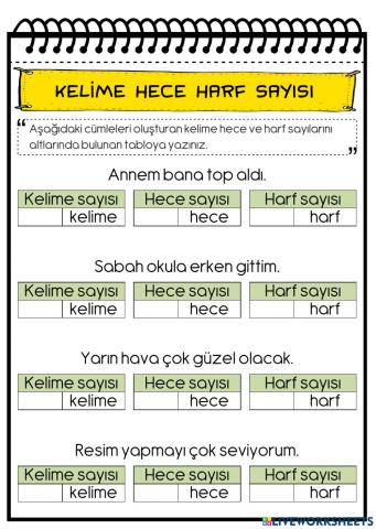 Kelime Hece Harf Sayısı