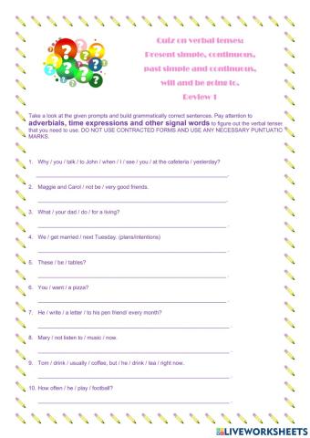 Present simple, continuous, past simple, cont. Sentences with prompts-1