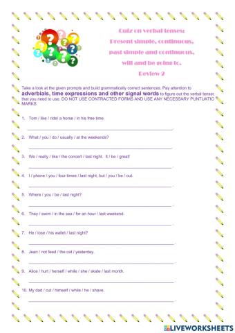 Present simple, continuous, past simple, cont. Sentences with prompts-2