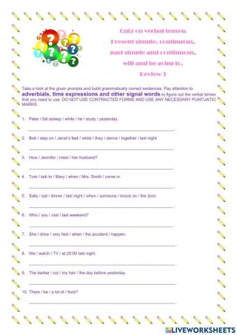 Present simple, continuous, past simple, cont. Sentences with prompts-3