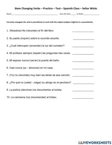 Stem-Change - Practice Test - 10 questions