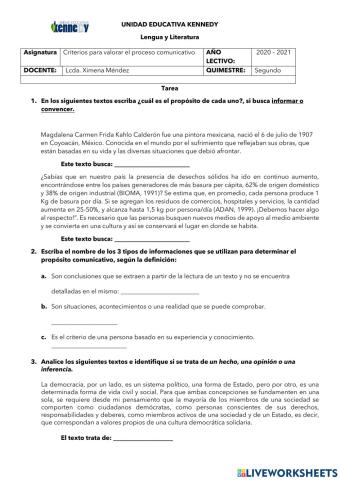 Criterios para valorar el propósito comunicativo