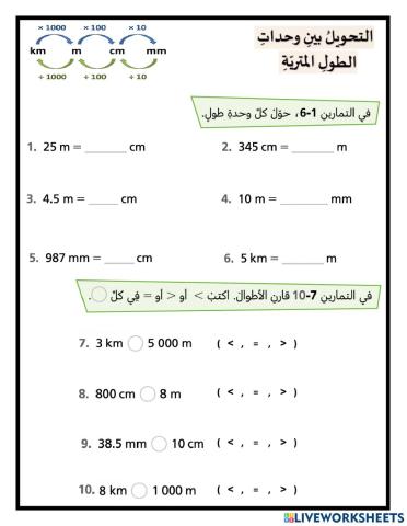 التحويل بين وحدات الطول المترية
