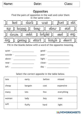 Opposite Antonyms Worksheet