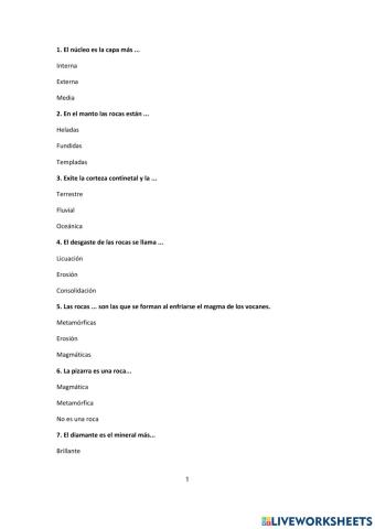 Examen ciencias sociales rocas