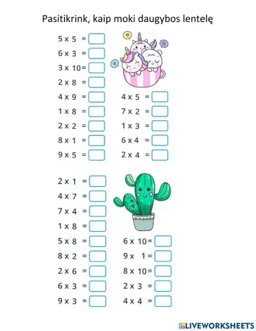 Daugybos lentelė iki 5