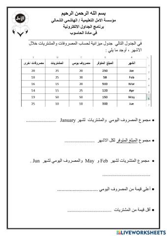 ورقة عمل العمليات الحسابية سادس
