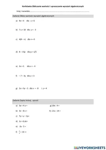 Kartkówka Obliczanie wartości i upraszczanie wyrażeń algebraicznych