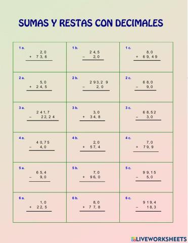 Sumas y restas con decimales