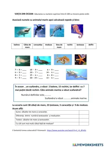 Viața din ocean-adunare și scădere cu numere 0-100