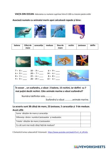 Viața din ocean-adunare și scădere cu numere 0-100