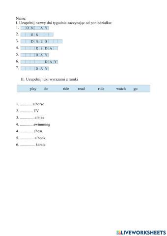 Kartkówka III dni tygodnia
