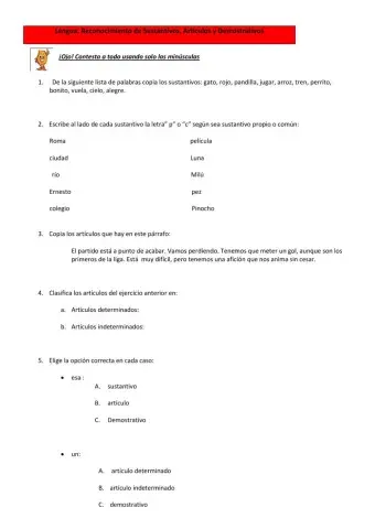 Lengua. Reconocimiento de Sustantivos, Artículos y Demostrativos