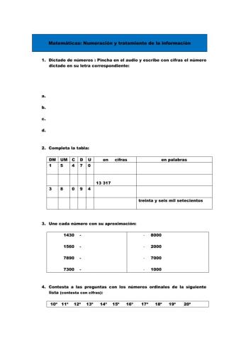 Matemáticas. Numeración  y tratamiento de la información