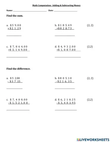 Adding and Subtracting Money