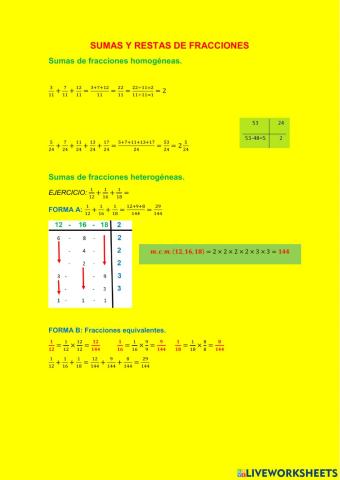 Sumas y restas de fracciones
