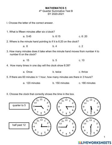 Math 5 4th Qtr Summative Test B