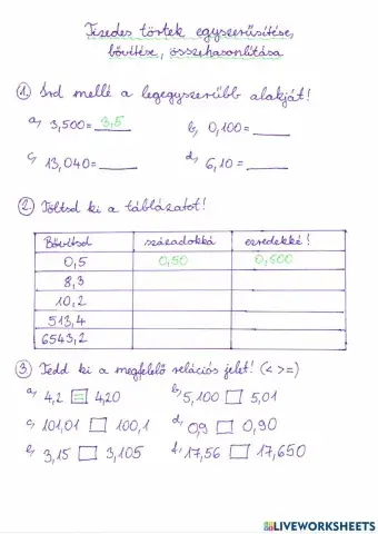 Tizedes törtek egyszerűsítése, bővítése