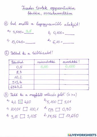 Tizedes törtek egyszerűsítése, bővítése